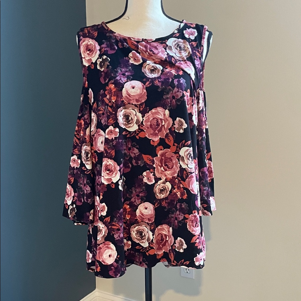 Floral Cold Shoulder Blouse - Black and Pink